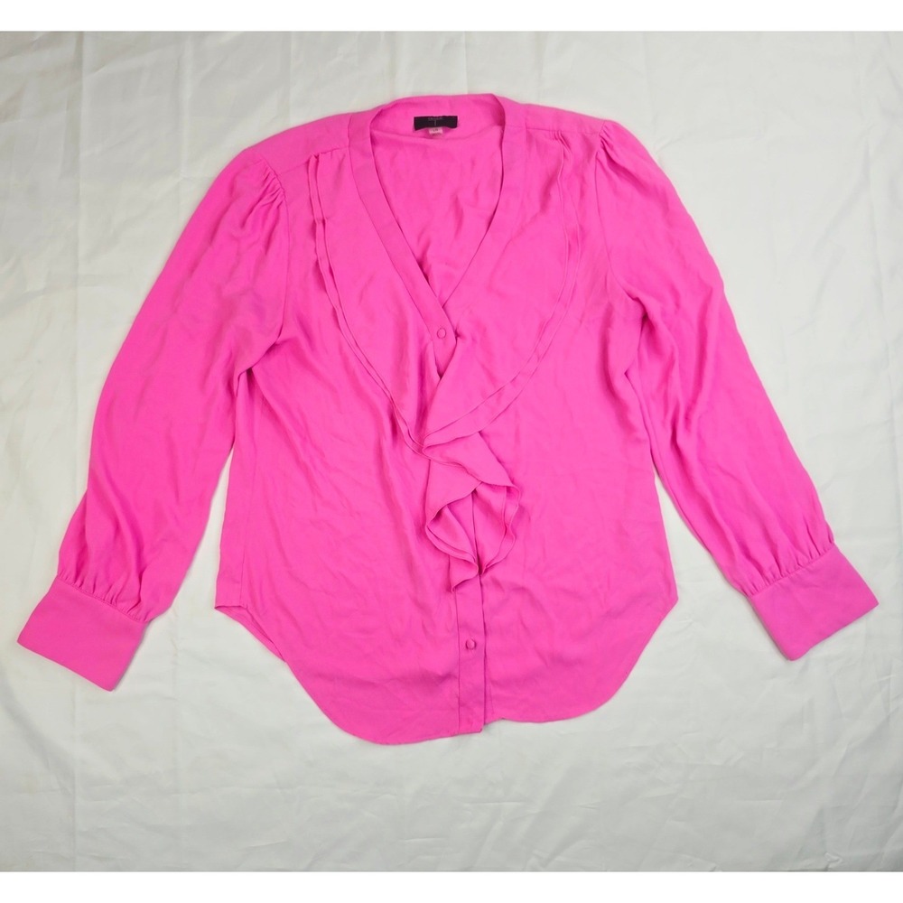 Tahari Women's Ruffle Front V-Neck Blouse L Pink Long Sleeve Button Cuff Top F32